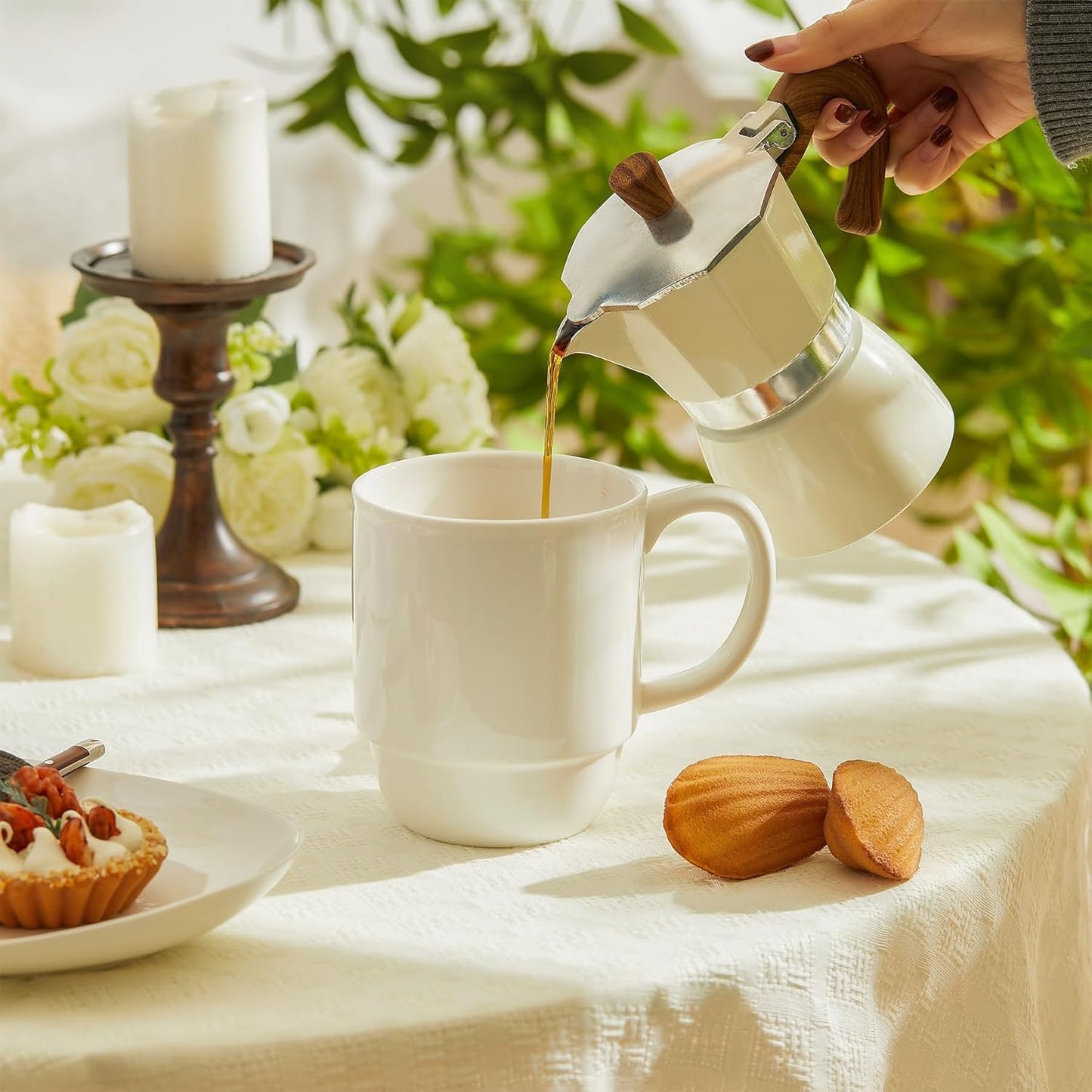 21 Oz Large Mug Set, Porcelain Stackable Mugs Sets of 6, Coffee Cups with Handle for Coffee, Tea and Mulled Drinks, White