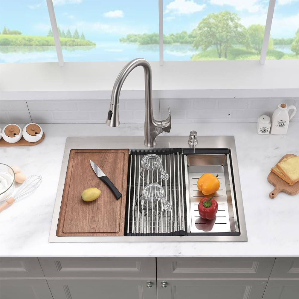 33 Inch Drop in Kitchen Sink Workstation -  33X22 Inch Topmount Sink Single Bowl 16 Gauge Stainless Steel Kitchen Sink Drop in with Cutting Board