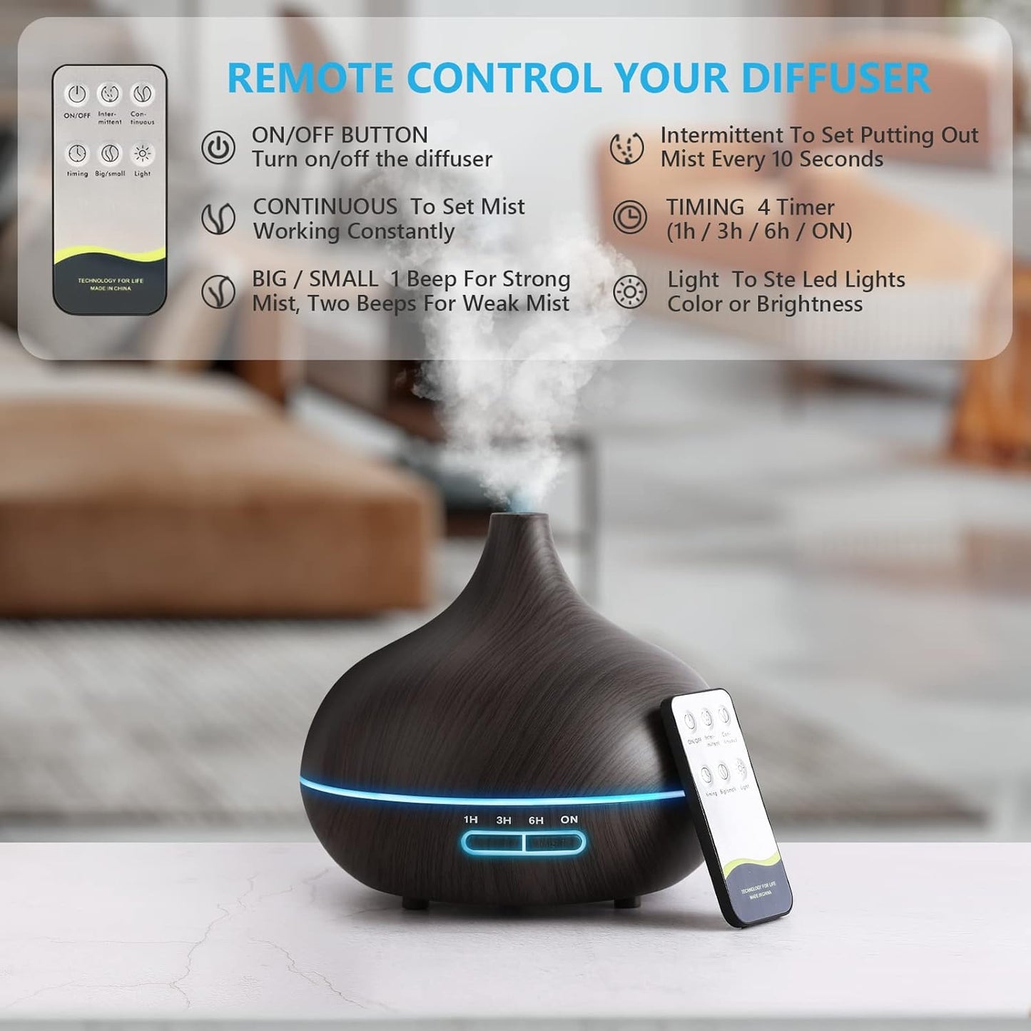 Diffusers for Essential Oils Large Room, 550Ml Essential Oil Diffusers with Remote Control, Ultrasonic Oil Diffuser with Timer, 7 Colors Light for Bedroom