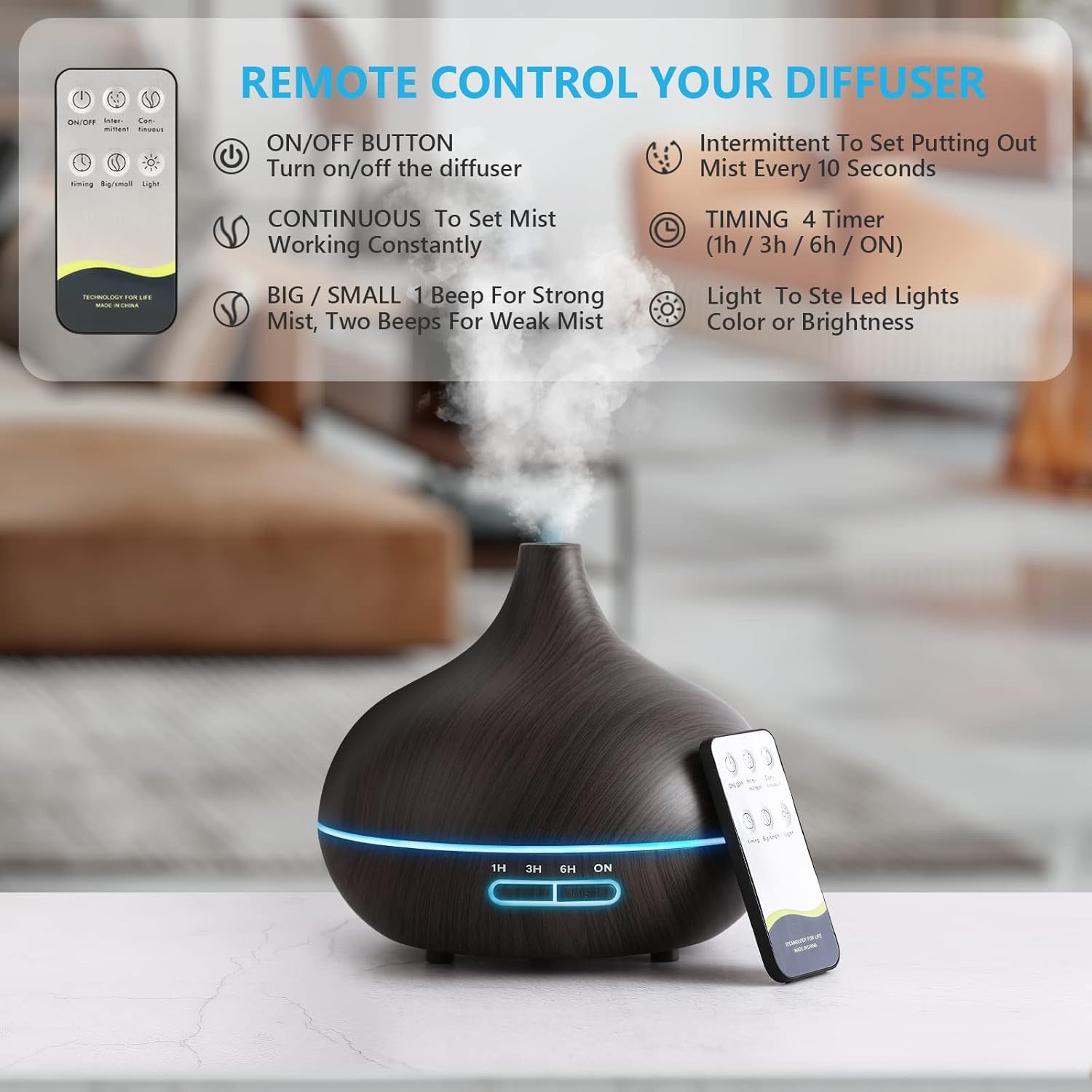 Diffusers for Essential Oils Large Room, 550Ml Essential Oil Diffusers with Remote Control, Ultrasonic Oil Diffuser with Timer, 7 Colors Light for Bedroom