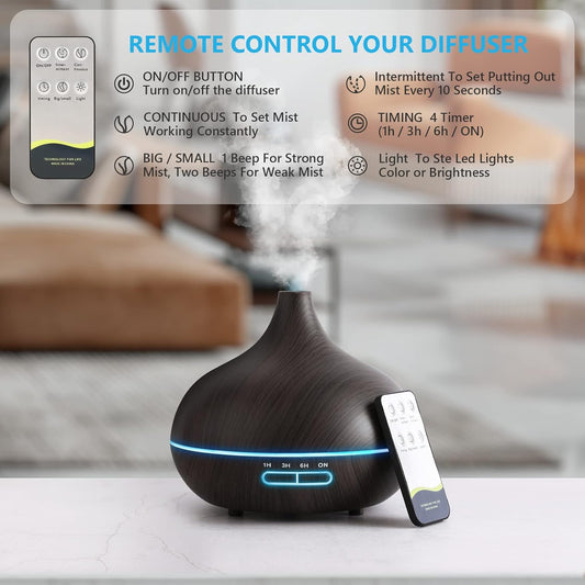Diffusers for Essential Oils Large Room, 550Ml Essential Oil Diffusers with Remote Control, Ultrasonic Oil Diffuser with Timer, 7 Colors Light for Bedroom