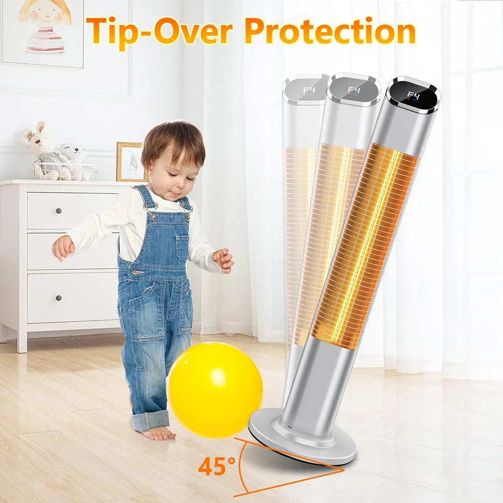 Patio Tower Heater Standing Electric Infrared Heater with Remote Control 1500W for inside Outdoor Sliver Stainless Steel, 47"