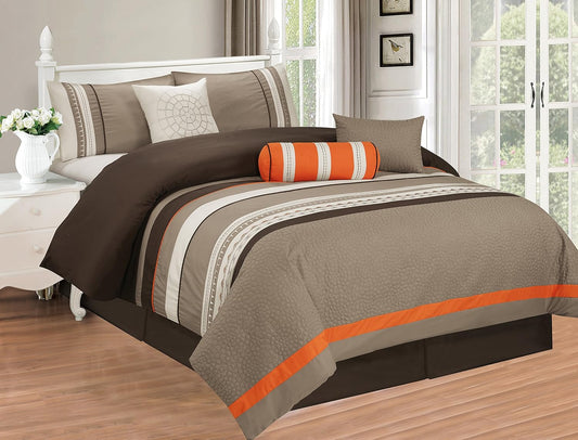 New 7 Piece Embroidered Over-Sized Comforter Set (King, Taupe/Orange)