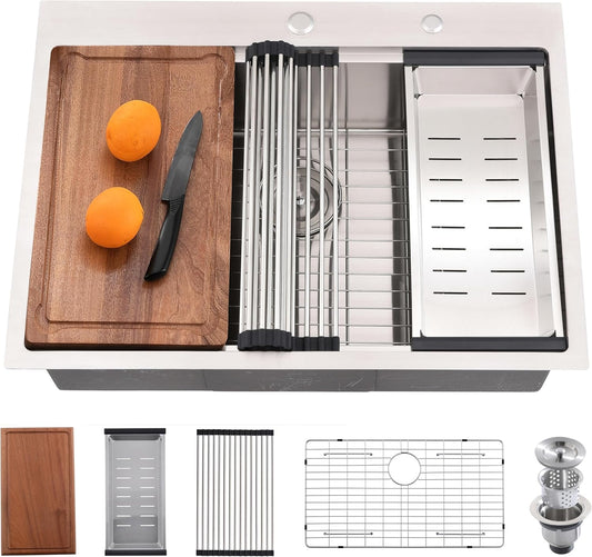 33 Inch Drop in Kitchen Sink Workstation -  33X22 Inch Topmount Sink Single Bowl 16 Gauge Stainless Steel Kitchen Sink Drop in with Cutting Board