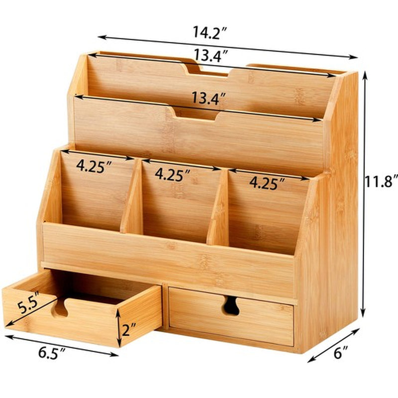 Bamboo Desk Mail Organizer with Drawers Large Office Countertop Magazine File