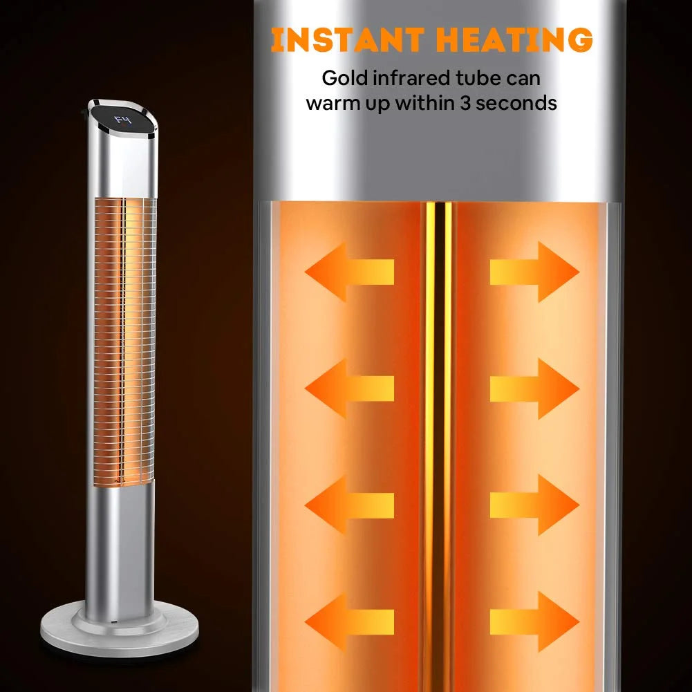 Patio Tower Heater Standing Electric Infrared Heater with Remote Control 1500W for inside Outdoor Sliver Stainless Steel, 47"