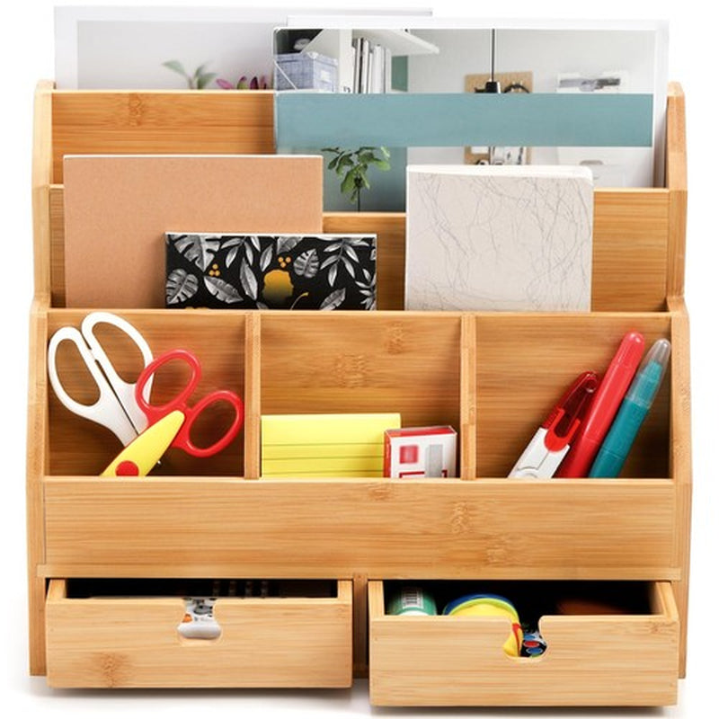 Bamboo Desk Mail Organizer with Drawers Large Office Countertop Magazine File