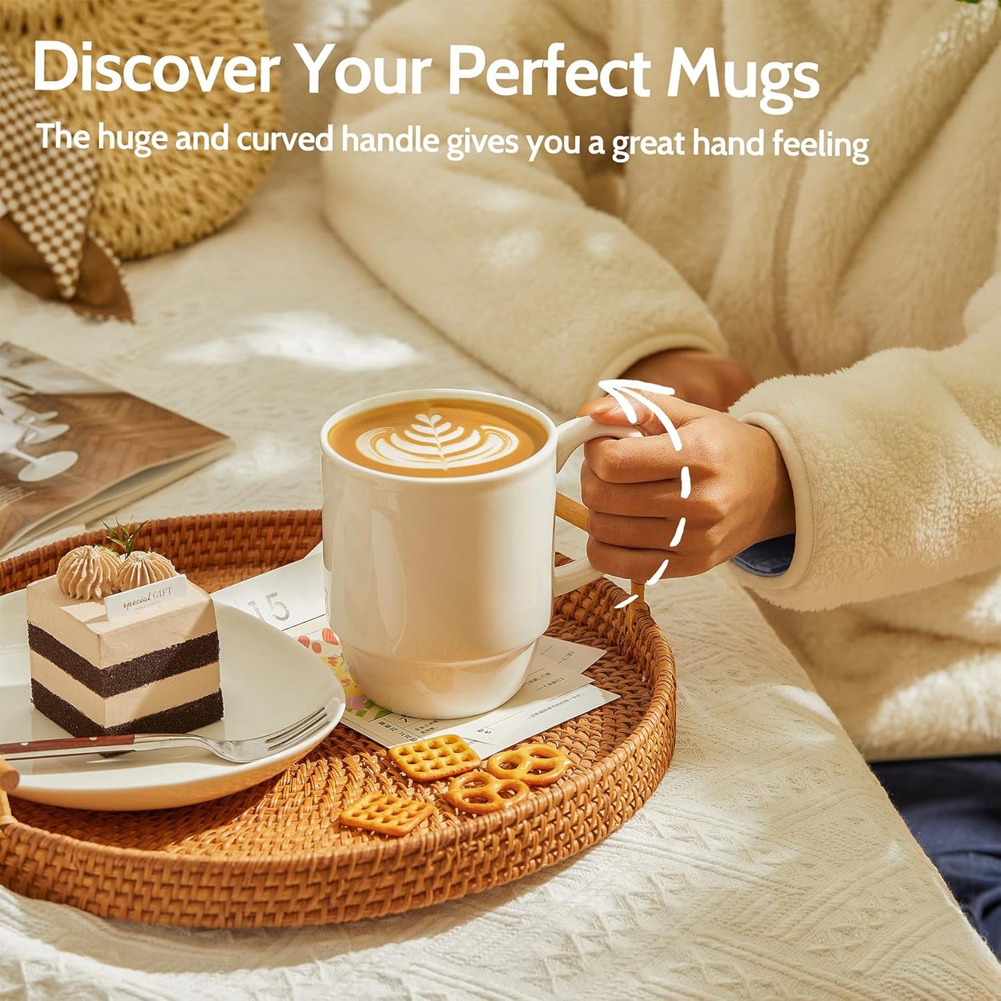 21 Oz Large Mug Set, Porcelain Stackable Mugs Sets of 6, Coffee Cups with Handle for Coffee, Tea and Mulled Drinks, White