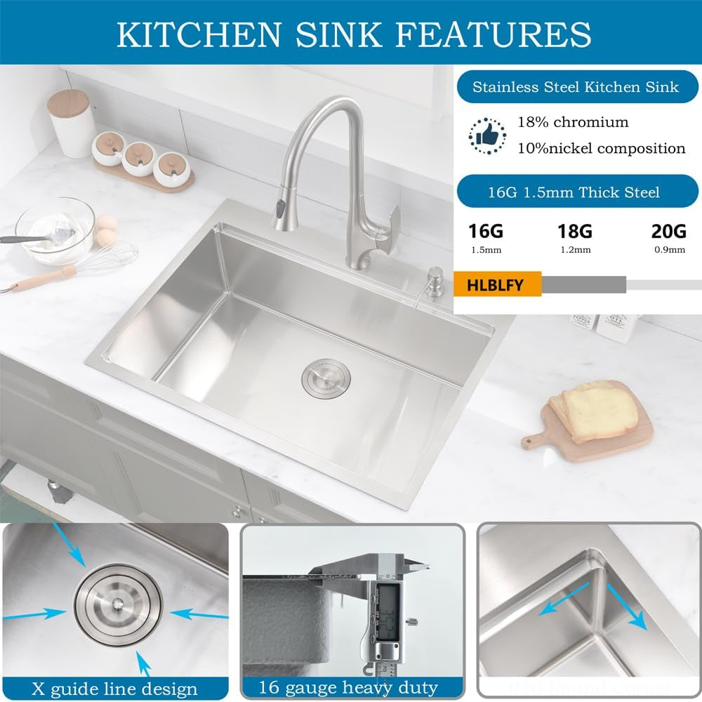 33 Inch Drop in Kitchen Sink Workstation -  33X22 Inch Topmount Sink Single Bowl 16 Gauge Stainless Steel Kitchen Sink Drop in with Cutting Board