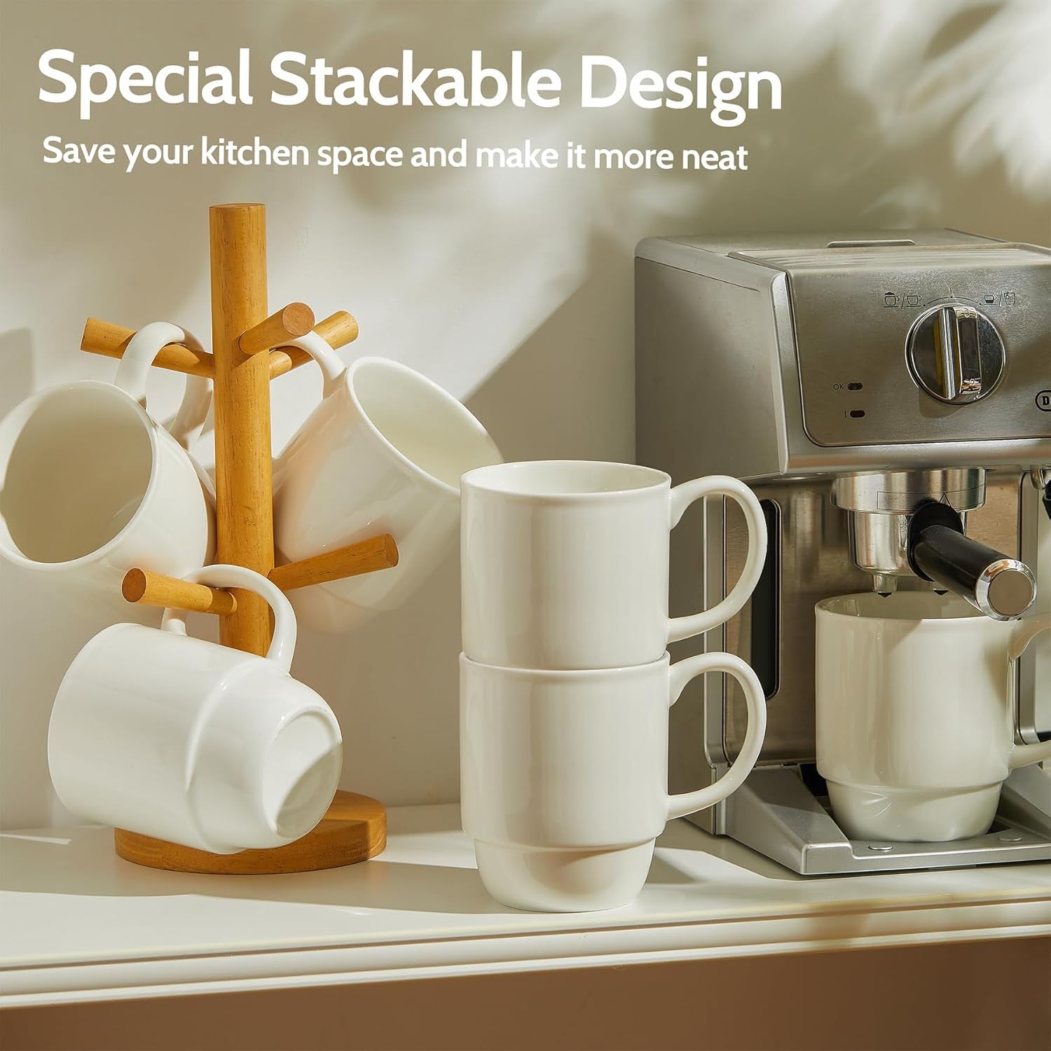 21 Oz Large Mug Set, Porcelain Stackable Mugs Sets of 6, Coffee Cups with Handle for Coffee, Tea and Mulled Drinks, White
