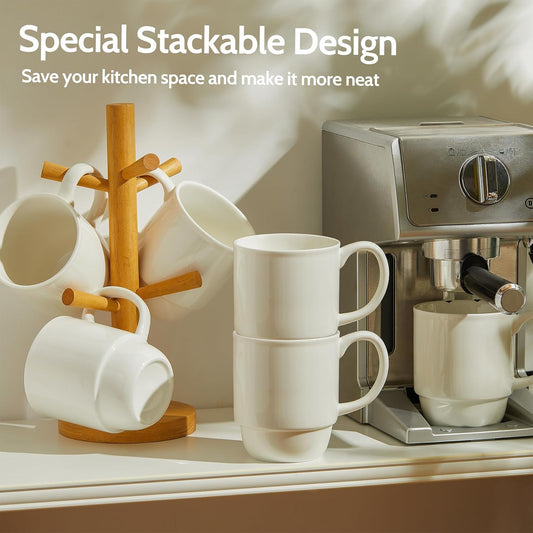 21 Oz Large Mug Set, Porcelain Stackable Mugs Sets of 6, Coffee Cups with Handle for Coffee, Tea and Mulled Drinks, White