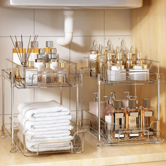 2-Pack under Sink Organizer Storage, 2-Tier 11.4" Tall under Sink Storage Organizer, Clear