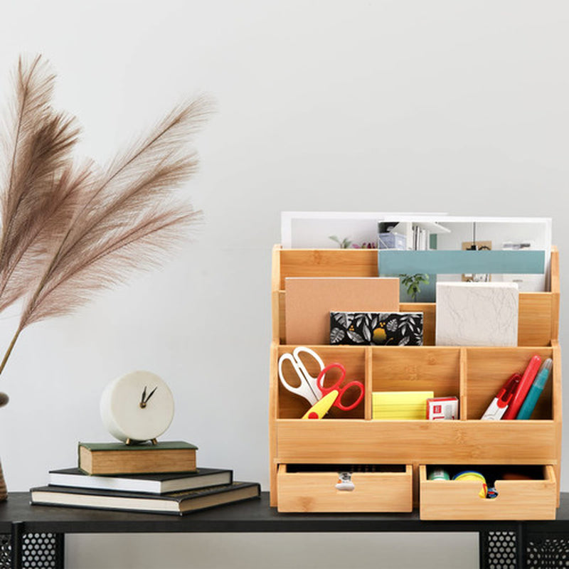 Bamboo Desk Mail Organizer with Drawers Large Office Countertop Magazine File