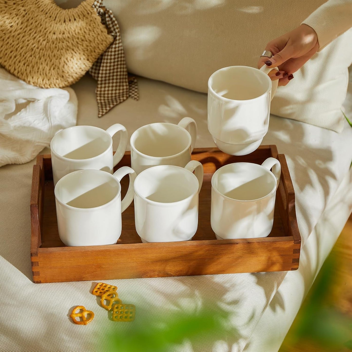 21 Oz Large Mug Set, Porcelain Stackable Mugs Sets of 6, Coffee Cups with Handle for Coffee, Tea and Mulled Drinks, White