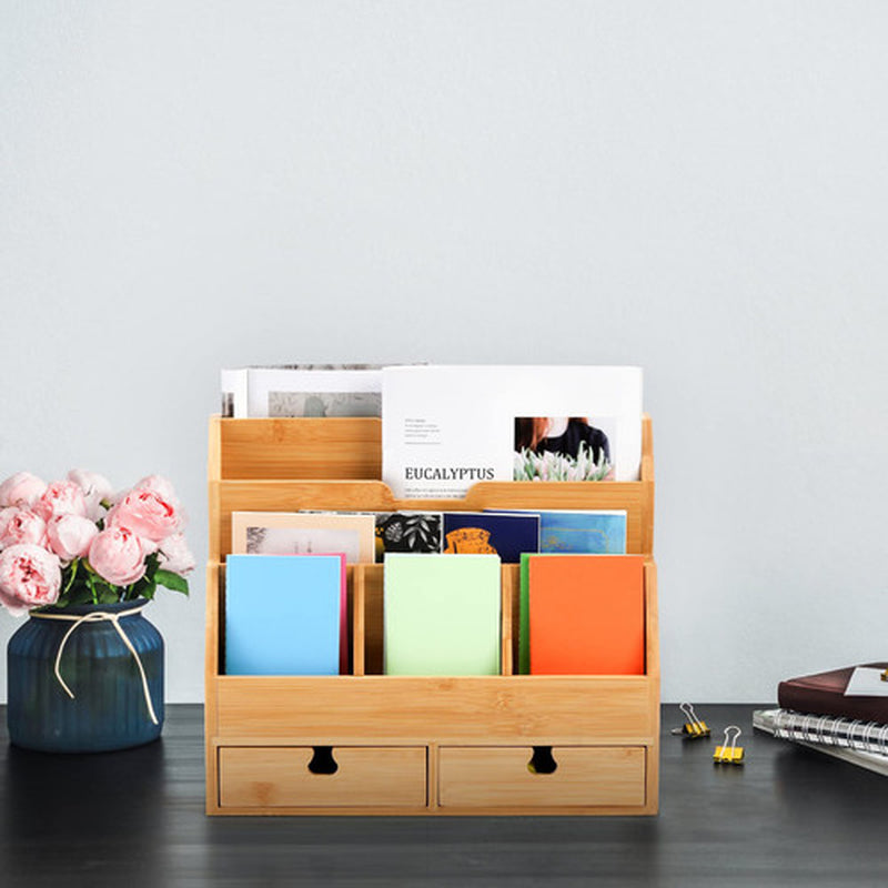 Bamboo Desk Mail Organizer with Drawers Large Office Countertop Magazine File