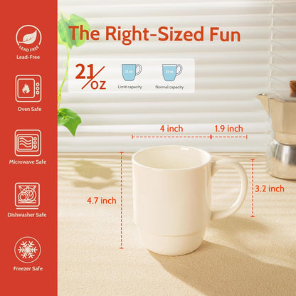 21 Oz Large Mug Set, Porcelain Stackable Mugs Sets of 6, Coffee Cups with Handle for Coffee, Tea and Mulled Drinks, White