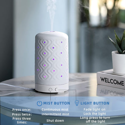 Essential Oil Diffuser Home Fragrance Aromatherapy Diffuser with 7 LED Color Changing Light and Auto off Safety Switch Light Ceramic Diffuser White