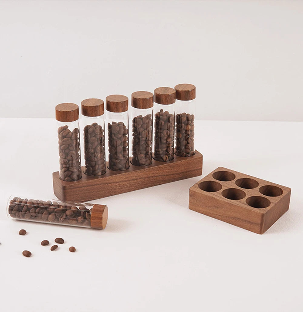 Coffee Beans Storage Container Display Rack Walnut Tea Tube Bottle Glass Espresso Coffee Accessories Tool Barista Coffeware Sets