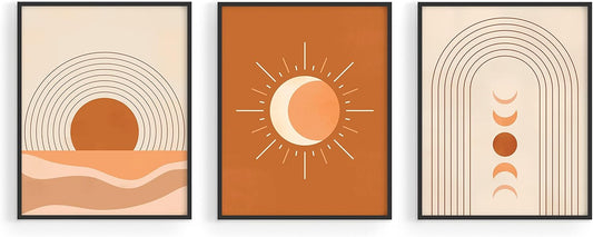 Mid Century Boho Framed Wall Decor Set of 3 Boho Wall Art Prints (8"X10", Beige Framed)