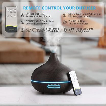 Diffusers for Essential Oils Large Room, 550Ml Essential Oil Diffusers with Remote Control, Ultrasonic Oil Diffuser with Timer, 7 Colors Light for Bedroom
