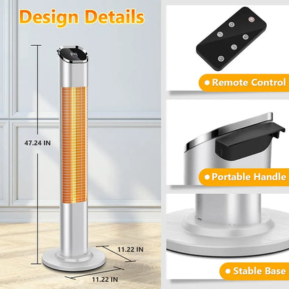 Patio Tower Heater Standing Electric Infrared Heater with Remote Control 1500W for inside Outdoor Sliver Stainless Steel, 47"
