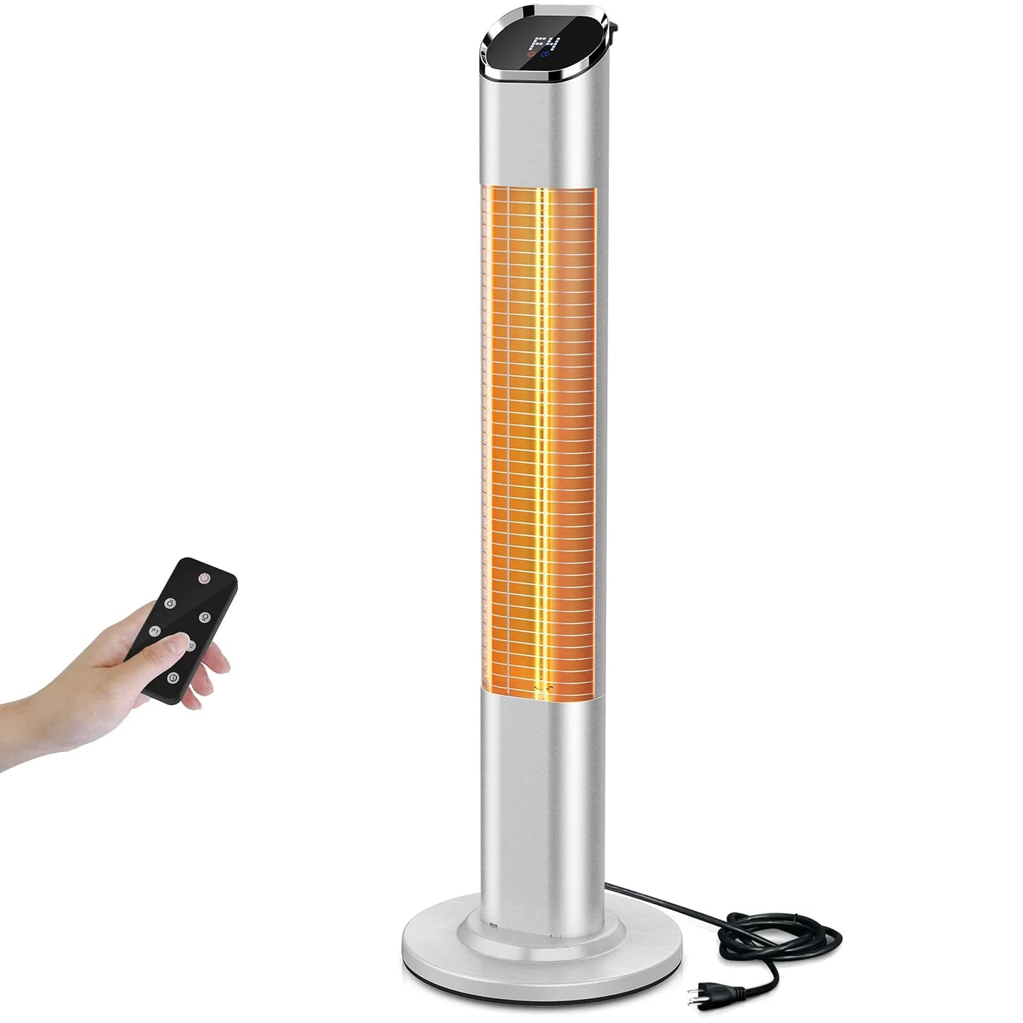 Patio Tower Heater Standing Electric Infrared Heater with Remote Control 1500W for inside Outdoor Sliver Stainless Steel, 47"