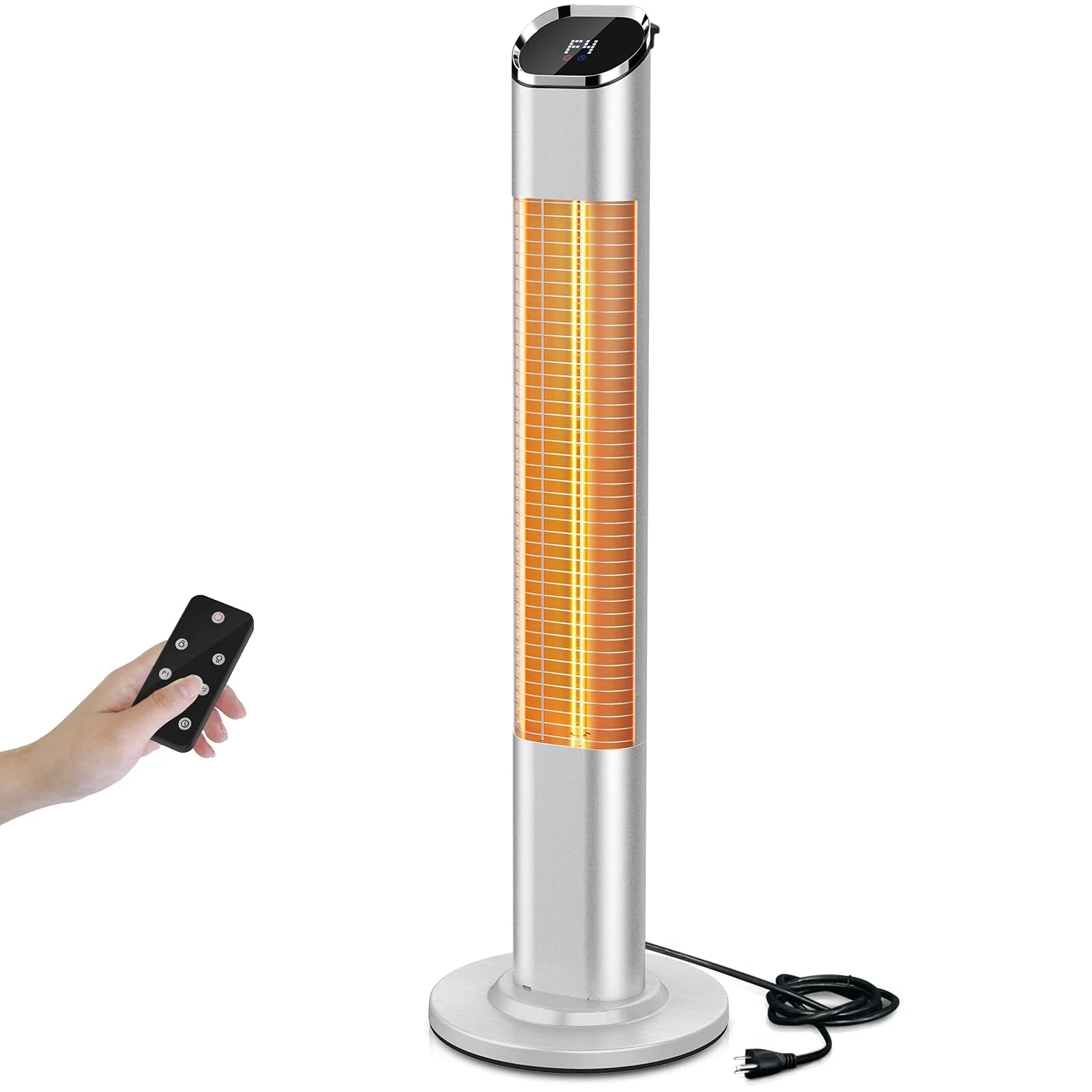 Patio Tower Heater Standing Electric Infrared Heater with Remote Control 1500W for inside Outdoor Sliver Stainless Steel, 47"