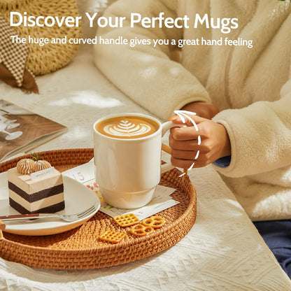 21 Oz Large Mug Set, Porcelain Stackable Mugs Sets of 6, Coffee Cups with Handle for Coffee, Tea and Mulled Drinks, White
