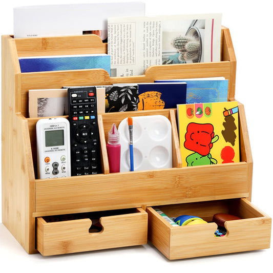Bamboo Desk Mail Organizer with Drawers Large Office Countertop Magazine File
