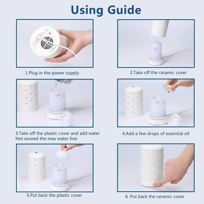 Essential Oil Diffuser Home Fragrance Aromatherapy Diffuser with 7 LED Color Changing Light and Auto off Safety Switch Light Ceramic Diffuser White