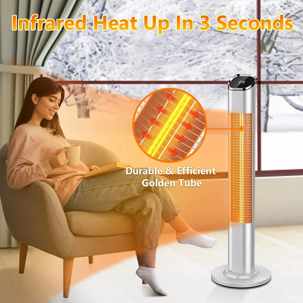 Patio Tower Heater Standing Electric Infrared Heater with Remote Control 1500W for inside Outdoor Sliver Stainless Steel, 47"